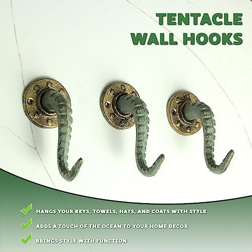 Set of 3 Octopus Tentacle Wall Hooks, 4.5 Inch Verdigris Bronze Cast Iron - Image 3
