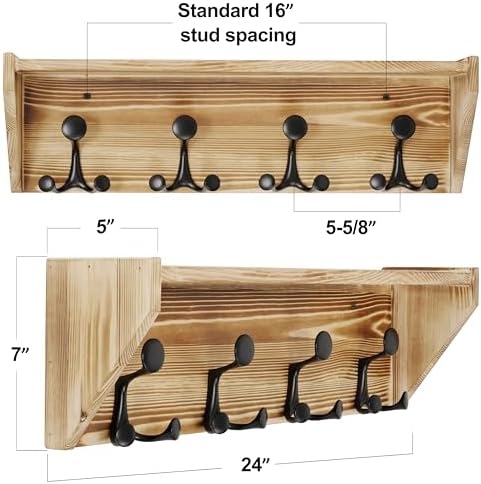 SKOLOO Wall Shelf with Hooks, 24-Inch Coat Rack Wall Mount with Shelf Organizer - Heavy Duty, 4 Tri Hooks - Perfect for Entryway, Hallway, Living Room, Bedroom, Mudroom, Wood Brown & Black - Image 2
