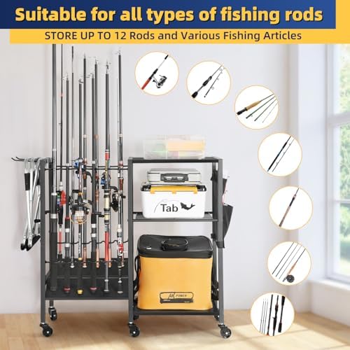 Olakee Fishing Rod Holders, Rolling Fishing Rod Rack for Garage & Boat, Tackle Box & Reel Holder Cart, Easy Assembly Fishing Gear Management System, Ideal Birthday Gift for Men Dad Anglers - Image 4