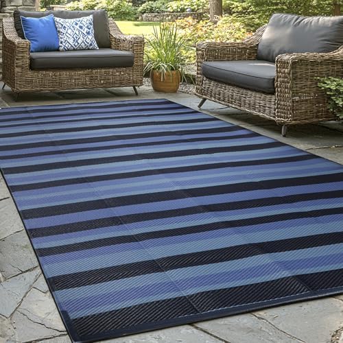 wikiwiki 9x12ft Outdoor Rug, Reversible Plastic Patio Rug Waterproof, Indoor Outdoor Carpet Clearance, Large Area Carpet for Patio Deck Balcony Pool RV Camping Beach Picnic, Black & Blue by WikiwikiPatioUmbrellas
