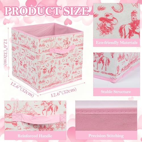 6 Pcs Pink Western Cube Storage Bins 12.5 Inch Cowgirl Storage Basket with Handle, Preppy Girls Organizer Basket, Collapsible Fabric Box for Classroom Bedrooms Office Home Decoration (Pink western) - Image 2