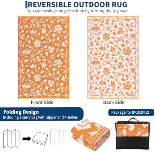 Garvee Outdoor Rug Waterproof 6x9 Floral Outdoor Plastic Straw Rug, Orange - Image 6