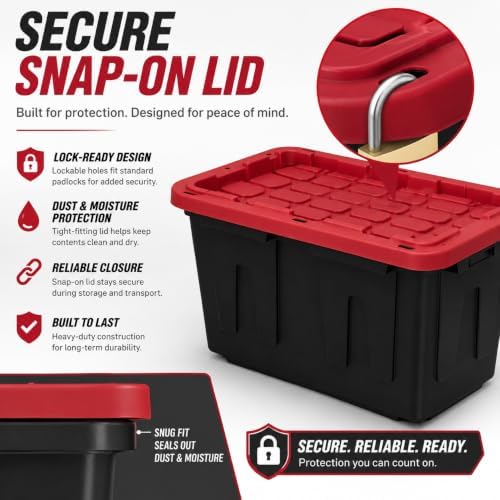 4-Pack 27 Gallon Heavy Duty Storage Bins Durable Polypropylene Plastic with Snap Lock Lids Stackable Large Capacity Organizers Garage Basement Multi-Purpose Storage Containers Black and Red - Image 2