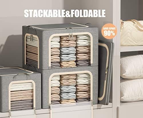 3 Openings Large Clothes Storage Bins with Metal Frame, Foldable Storage Bin for Clothes, Clothing Storage Bins with Lid, Linen Storage Box With Clear Window＆ Zippers＆ Handles.(3 Pcs,Light Grey,66L) - Image 2