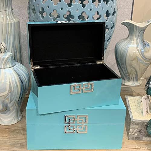Galt International Large & Small Decorative Storage Box w/Hinged Lid - Classic Design Wood Decor Boxes with Geometric Opening Clasp - Storage for Bedroom and Home - Set of 2 (Blue) - Image 7