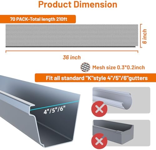 210 ft Mesh Gutter Guards 6 inch (70 Pack) - Fits 4,5,6 Inch K Style Gutters - Professional Black Steel Screens - Snap In Leaf Protector - Easy Rain Gutter Covers for Leaves - Image 3