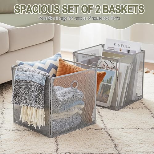 2 Pcs Foldable Metal Cube Storage Baskets, 13x13in, Grey - Image 6