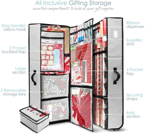 Hearth & Harbor Wrapping Paper Storage Container with Ribbon Dispenser and Interior Pockets - Large Christmas Storage Containers with Wheels, Fits 30 Rolls of 40" Length, Silver - Image 2