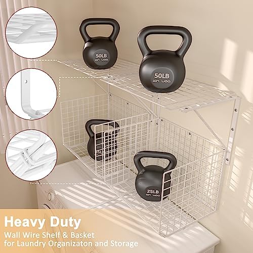 2 Pack Laundry Room Shelves Wall Mounted with Wire Baskets, Over the Washer and Dryer Shelf with Clothes Drying Rack, 8 Hooks，Wire Shelves Baskets for Laundry Closet Organization and Storage, White - Image 6