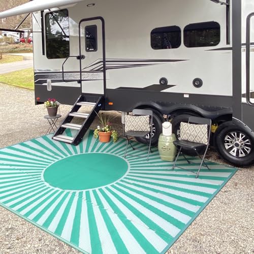 Wonnitar 8x10 Outdoor Rug Waterproof - Large Reversible Patio Rugs, Lightweight Plastic Straw Patios Mat for RV, Portable Outdoor Camping Carpet for Deck Picnic (Blue-Green, 8'x10') - Image 6