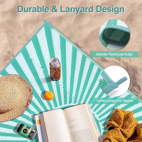 Wonnitar 8x10 Outdoor Rug Waterproof - Large Reversible Patio Rugs, Lightweight Plastic Straw Patios Mat for RV, Portable Outdoor Camping Carpet for Deck Picnic (Blue-Green, 8'x10') - Image 5