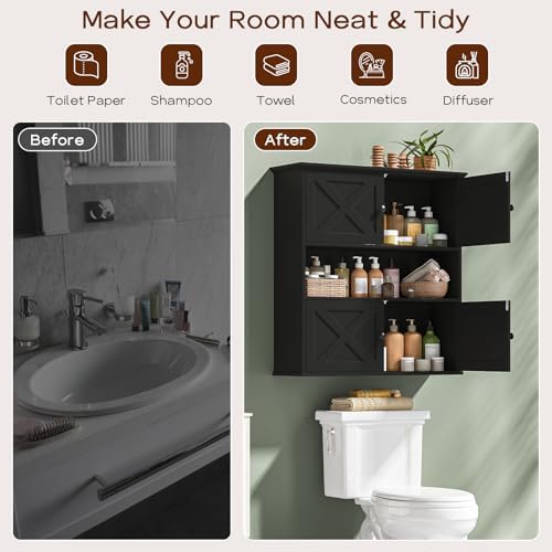 Vabches Bathroom Wall Cabinet, Farmhouse Medicine Cabinet with 4 Barn Doors, Large Wooden Vintage Storage Cabinet Wall Mounted for Bathroom, Kitchen, Black - Image 5