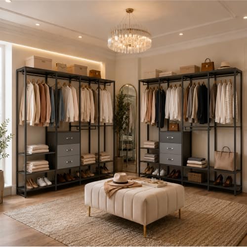 Freestanding Closet Organizer System with 3 Drawers, 6FT Heavy Duty Clothing Rack with Shelves and 6 Hanging Rods, Large Corner L Shaped Garment Rack, Grey Oak - Image 4