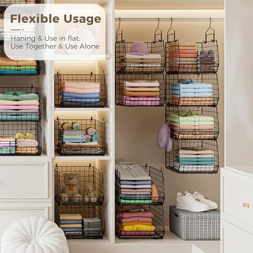 4" Extra Deeper Hanging Closet Organizers and Storage,4 Tier Foldable Wire Cabinet Shelves with 5 S Hooks,Small Metal Basket Bins for Clothes Sweaters Handbags, Wardrobe for Kitchen Laundry Room，Black - Image 6