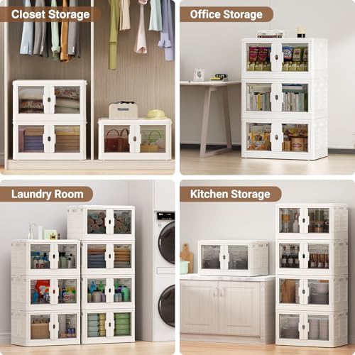 BROVIEW 460Qt Stackable Storage Bins with Lids & Wheels, 4-Pack Large Plastic Collapsible Latching Boxes, Closet Organizers and Storage Cabinet Shelves, for Home Garage Office Organization, V7 White - Image 5