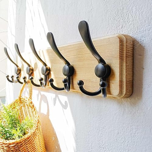 Dseap Coat Rack Wall Mount - Heavy-Duty Robust Rustic Wooden Wall Coat Hanger Hook Rail with 5 Triple Hooks for Winter Coats Hat Jacket Clothing, Light Brown & Black, Pack of 2 - Image 5