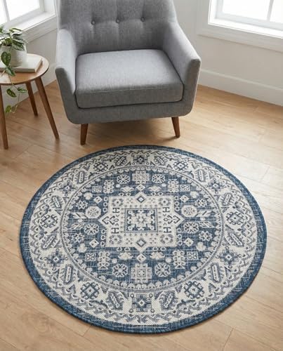 Rugs.com - Outdoor Aztec Rug – 3 Ft Round Blue Indoor/Outdoor Rug – Washable, Stain-Resistant for Patios, Decks, and Porches by Rugscom