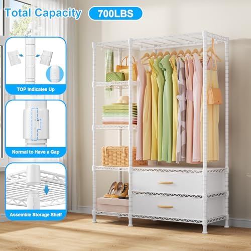 Ulif F3 Heavy Duty Clothes Rack（With Fabric Drawers）Freestanding Clothing Racks for Hanging Clothes，Adjustable Closet Organizer System，Portable Garment Rack 40" W x 15" D x 72" H，Max Load 700LBS，White - Image 5