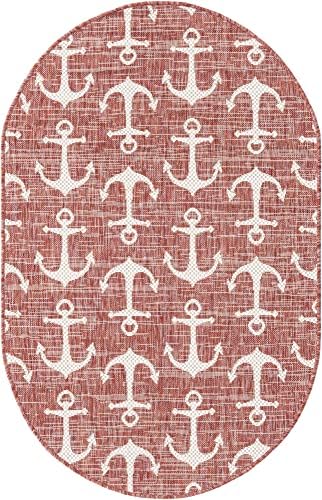 Unique Loom Outdoor Coastal Collection Area Rug - Ahoy (3' 3" x 5' 3" Oval, Rust Red/Ivory) - Image 3