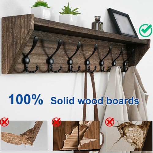WEBI Coat Rack Wall Mount with Shelf,35" Long Wall Shelf with Hooks Underneath,7 Triple Hooks for Entryway,Hallway,Bedroom,Weathered Brown - Image 3