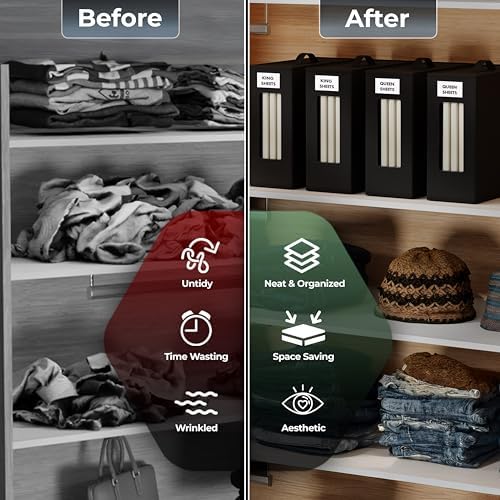 TIMBLE Bed Sheet Organizers & Storage, 10 Pack for King, Queen & Large Sheet Sets, Closet Organizer for Linens, Clothes, Blankets & Bedding, Foldable Fabric Bins with Handle, Name Tag & Window (Black) - Image 6