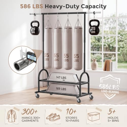 Heavy Duty Metal Clothes Rack Load 586 LBS, Height‑Adjustable Rolling Garment Rack for Hanging Clothes, Sturdy Wheel Clothing Rack with 2 Shelves, Portable Closet Wardrobe Organizer Rack,Black - Image 4
