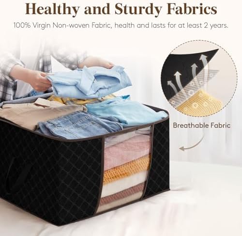 Lifewit Large Capacity Clothes Storage Bag Organizer with Reinforced Handle Thick Fabric for Comforters, Blankets, Bedding, Foldable with Sturdy Zipper, Clear Window, 3 Pack, 90L, Black - Image 3