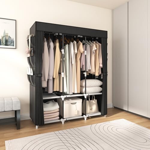 VTRIN Portable Closet for Hanging Clothes 52 Inch Wide Portable Wardrobe Closet with Cover, 6 Storage Shelves and 3 Hanging Rod, Diameter 19mm Metal Pipe, Sturdy Closet for Bedroom, Black - Image 2
