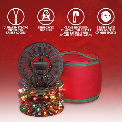 HOLDN’ STORAGE Premium Christmas Light Storage Bag – Heavy Duty Tear Proof 600D/Inside PVC Material with Reinforced Handles - 3 Reels Stores up to 375 Ft of Mini Tree Lights & Extension Cords Red - Image 2