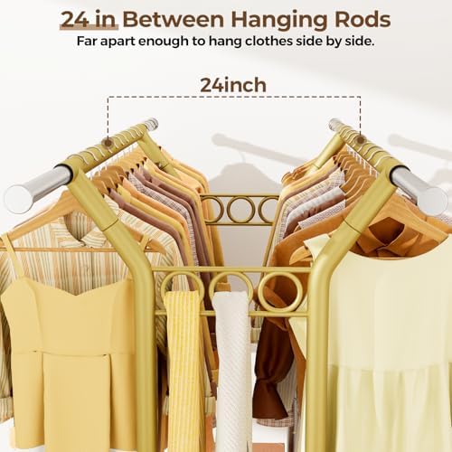 HYSEYY Heavy Duty Clothes Rack, Rolling Clothing Racks With Shelves Load 620 LBS, Double Rod Clothing Racks for Hanging Clothes, Portable& Adjustable Clothes Rack with Wheels Garment Rack,Gold - Image 3