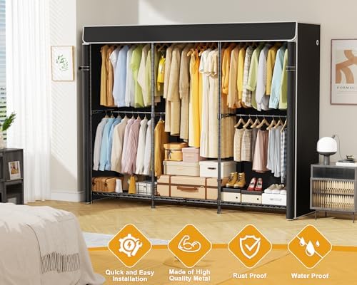 ULIFHOME E14C Pro Heavy Duty Closet Organizer System，Freestanding Clothing Racks for Hanging Clothes，Adjustable Garment Rack 69" W × 16" D × 77" H Hold 960 lbs，Black Rack with Black Dustproof Cover - Image 4