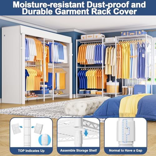 Ulif E12C Pro Heavy Duty Closet Organizer System，Freestanding Clothing Racks for Hanging Clothes，Adjustable Garment Rack 71"W x 16"D x 76.5"H Hold 960lbs，White Clothing Rack with White Dustproof Cover - Image 4