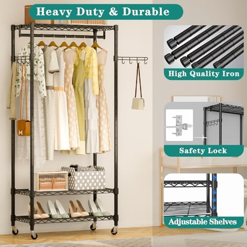 Heavy Duty Rolling Garment Rack, 3 Tiers Wire Shelves Adjustable Freestanding Portable Rolling Clothing Rack with Lockable Wheels, 35.4''L x 15.8''W x 78.8''H, Max Load 420LBS - Image 2