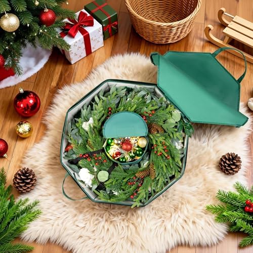BrilliantJo Wreath Storage Christmas Garlands Bag with Interior Pockets Large Xmas Container Box for holiday Decorations Case with Dual Zipper and Handles Window Labeling Card Slot 24" Green - Image 2