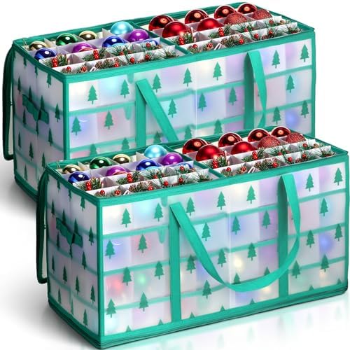 Hosuly 2 Pcs Plastic Christmas Ornaments Storage Box with Dividers, Zippers, 8 Trays,128 Slots, Christmas Storage Containers Xmas Ornaments Organizer for Holiday Balls Ornaments(Christmas Tree) by Hosuly