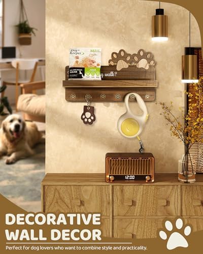 MTERSN Acacia Wood Dog Leash Holder for Wall with Shelf & 6 Hooks, Brown - Image 4