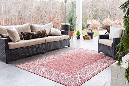 Unique Loom Outdoor Border Collection Area Rug - Floral Border (5' 3" x 8' Rectangle, Rust Red/ Ivory) - Image 3