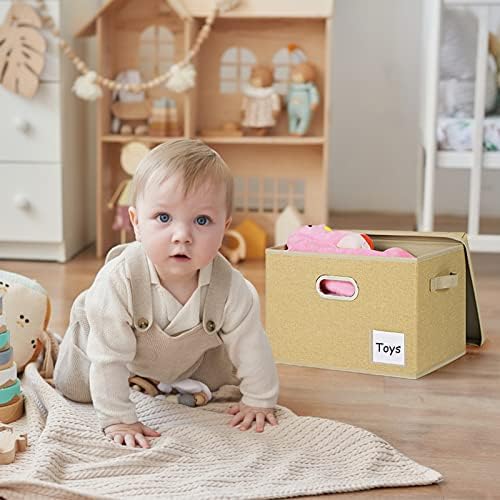 LHZK Large Storage Bins with Lids 6 Pack, Foldable Linen Fabric Storage Boxes with Lids, Sturdy Fabric Storage Bins with Label & 3 Handles for Shelves Bedroom Home Office (Beige, Large) - Image 7