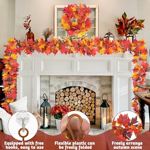 Helimoto 8 Pack Autumn Garland, 47.2 FT Hanging Vines Fall Garland, Artificial Maple Outdoor Autumn Leaves Garlands, Fall Decorations for Home and Thanksgiving Halloween Decor Wedding Mantle Fireplace - Image 4