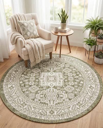 Rugs.com - Outdoor Aztec Rug – 5 Ft Round Green Indoor/Outdoor Rug – Washable, Stain-Resistant for Patios, Decks, and Porches - Image 5