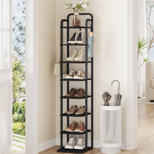 Hzuaneri 8 Tiers Vertical Shoe Rack, Tall Shoe Shelf with 2 Hooks by Hzuaneri