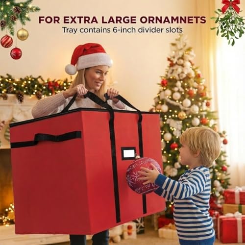 Christmas Extra Large Ornament Storage Container - Box Stores Up to 48 – 6” Ornaments – With 4 Individual Trays -Heavy Duty 600D Tear Resistant Material, Zippered, Adjustable Dividers. - Image 2