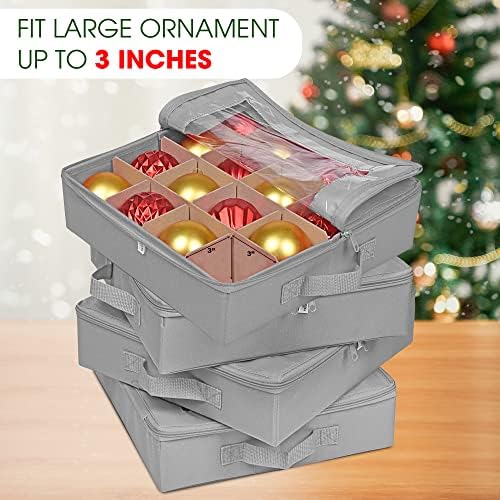 ProPik 4 Pcs Christmas Ornament Storage Boxes with Dividers, Transparent Top Zipper Closure, 4 Individual Ornament Holder Trays, Keeps 64 Holiday Ornaments, Ornament Organizer Storage Box (Gray) - Image 5