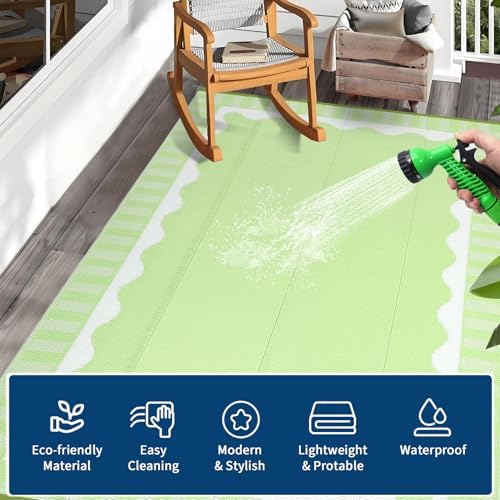 Garvee 9x12 Outdoor Rug, Scalloped Border Waterproof Camping Rugs, Green - Image 4