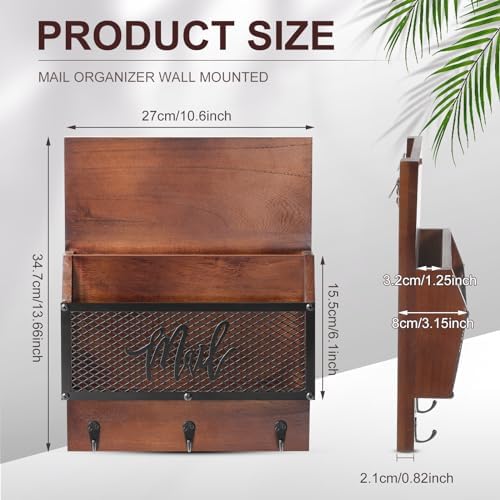 Yalikop Farmhouse Mail Organizer Wall Mounted Rustic Mail Holder Hanging Key Sorter with 3 Hooks Indoor Wooden Wall Mounted, Letter, Magazines, Newspapers, Keys (Classics,Dark Brown) | Wall Mounted Rustic Wooden Mail Organizer with Metal Mesh, Hanging ... - Image 2