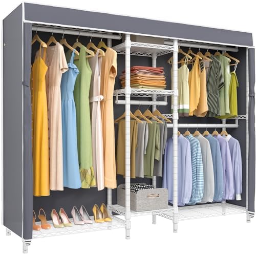 VIPEK Classic V6C Heavy Duty Covered Clothes Rack Portable Wardrobe Closet, 5 Tiers Wire Garment Rack White Metal Clothing Rack with Grey Oxford Cover, 70.1" L x 17.3" W x 76.4" H, Max Load 870 LBS by VIPEK