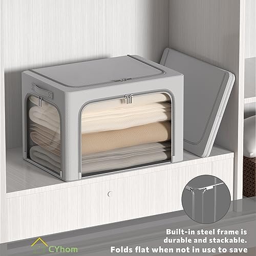 3Pack Clothes Storage Bins - Oxford Frame Storage Box Foldable Stackable Storage Organizer with 3 Openings Design, Metal Frame, Clear Window, Carry Handles (66L-19.7 * 15.7 * 13, Grey) - Image 3