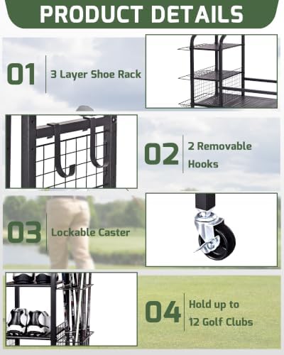 Golf Bag Storage Organizer Rack for Garage, Golf Bag Stand with Rolling Wheels, Heavy-Duty Metal Golf Equipment Organizer for Home, Garage, Clubhouse - Image 3