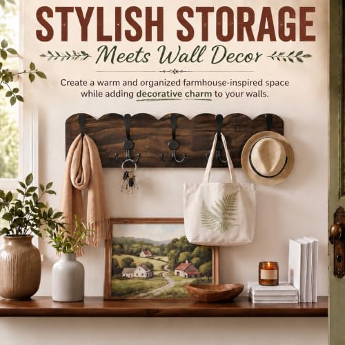 Leinuosen 2 Pack Rustic Coat Rack Wall Mounted, 18.9 Inch Wood Entryway Organizer with 3 Hooks, Brown Scalloped Edge Farmhouse Hanging Rack for Jackets, Hats, Bags and Towels - Image 2