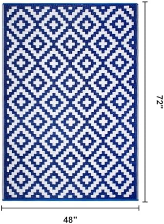 FH Home Outdoor Rug - Waterproof, Fade Resistant, Reversible - Premium Recycled Plastic - Geometric - Patio, Deck, Porch, Balcony, Laundry Room - Aztec - Blue & White Crease Free - 4 x 6 ft - Image 2
